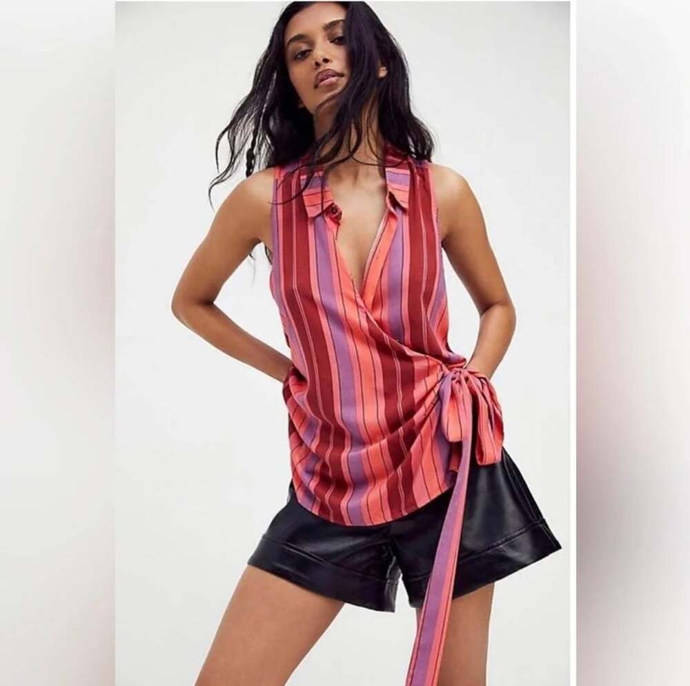 Free People Mackenzie Wrap Sleeveless Tie Burgundy Striped Top Size Small